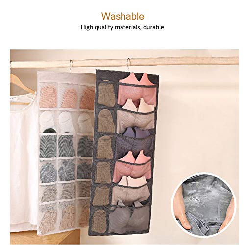 Aoolife 30 Mesh Pockets Hanging Storage Organiser with Metal Hanger, Dual-Sided Hanging Closet Organizer for Underwear, Stocking,Bra and Sock (Grey) - Thumbnail 5