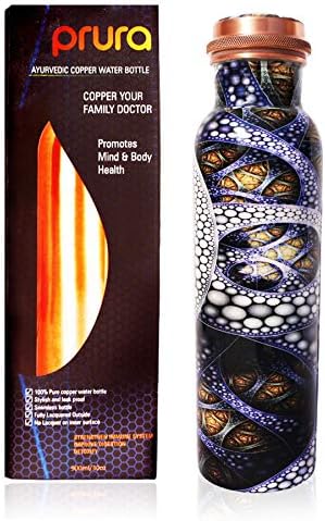 PRURA Copper Water Bottle Diamond Regular Pure Copper Bottle Yoga Water Bottle Ayurveda Health Benefits Leak Proof (900ml/30oz, Design 18)