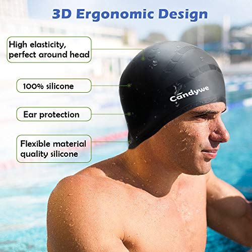 Candywe Swim Cap Cover Ears, Waterproof Silicone Bathing Swimming Cap,Swim Hat for Long Short Hair Women Men Kids Swimming Pool Caps with Nose Clip and Ear Plugs (Black)