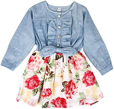 MingAo Little Girls Denim Floral Print Sleeveless Skirt Dresses & Long Sleeve, One-Piece