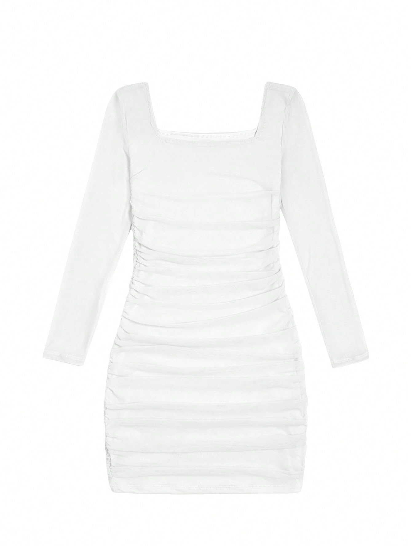 Photo 1 of SOLY HUX Girl's Square Neck Long Sleeve Ruched Bodycon Mini Dress Pure White 12-13Y