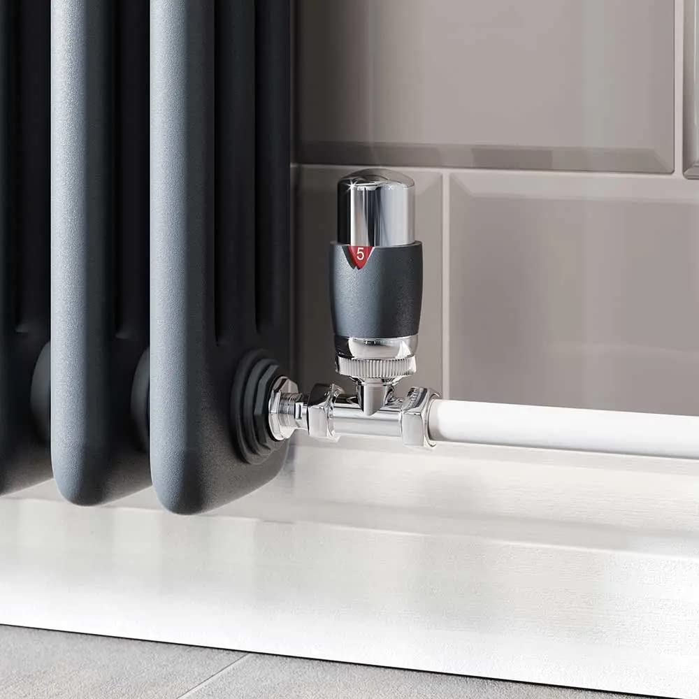 Anthracite/White/Chrome/Black Radiator Valves - Thermostatic Radiator Valve Set for a Vertical/Horizontal Radiator - Angled/Straight TRV & Lock Shield (Straight, Anthracite)