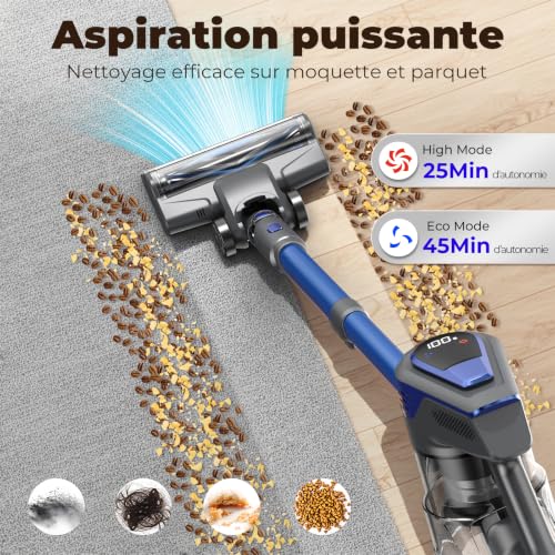 Cordless Vacuum Cleaner, 300 W Powerful Wireless Vacuum Cleaner, 45 Min Autonomy, Anti-Tangle Brush, Removable Battery, Bagless Vacuum Cleaner with LED Screen for Carpet Pet Hair Hard Floor (B)