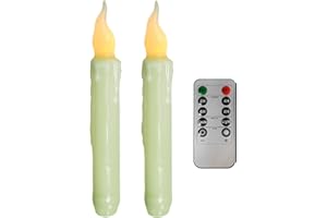 NjaoHoo Real Wax LED Flameless Short Taper Candles with Remote, 6.7 Inches Green Candlesticks, Dripless Battery Operated Flam
