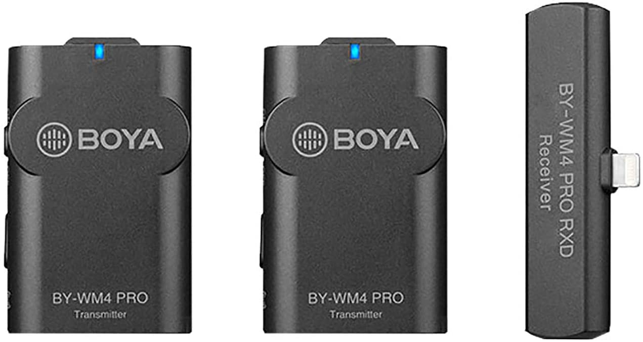 Boya BY-WM4 Pro Kit 2.4GHz Dual-Channel Smart Phone Wireless Transmission Recording Microphone with Lightning connector for all iphone & all iOS devices –inc 1x Receiver & 2x Transmitters (WM4PROK4)