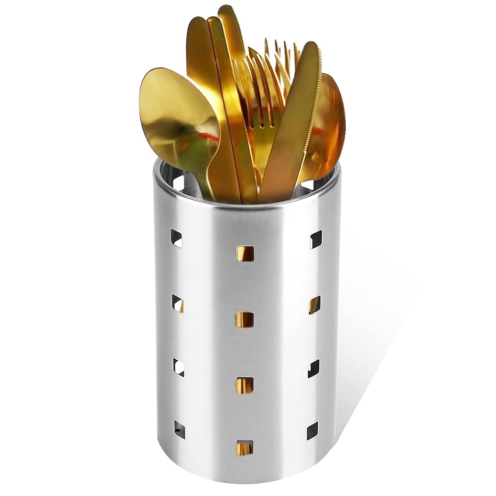 Zerodis Stainless Steel Cutlery Drainer Kitchen Utensil Holder Cutlery Baskets Organizers Round Storage Rack for Spoons Knives Forks for Women Mum (L)