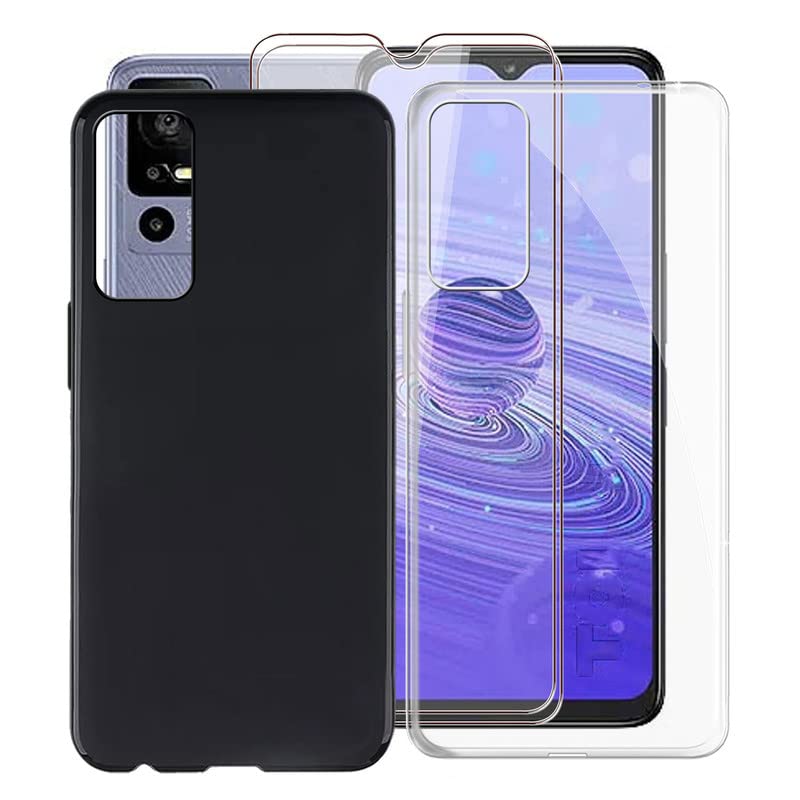 KJYF Case for TCL 40R 5G (6.60"), with [ 2 x Tempered Glass Protective Film], Soft Silicone Anti-Scratch Protective Cover Shockproof Phone Case for TCL 40R 5G - 2 PACK Black