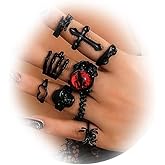 9 Pcs Black Gothic Ring Set for Men Women Vintage Demon Eye Cross Spider Skull Bat Stackable Adjustable Rings Halloween Jewelry Accessories