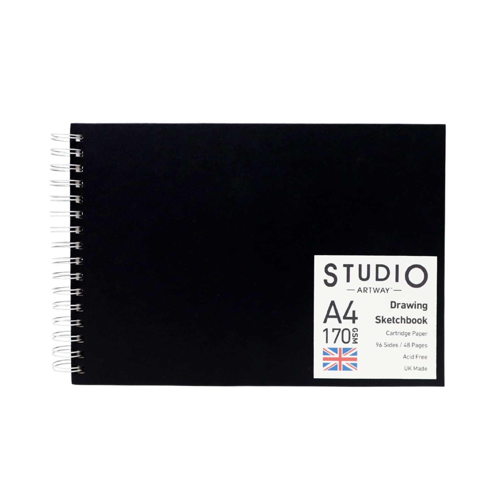 Artway Studio A4 Spiral Bound Sketchbook - Landscape - 48 Pages (96 Sides) of 170gsm Cartridge Paper - Black Hardcover Drawing Pad for Sketching, Drawing & Illustration