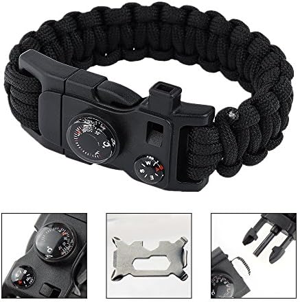 CNXUS Paracord Survival Bracelets, 12-in-1 Bracelet Emergency with Compass Thermometer,Whistle,Parachute Rope,Dragsaw,Fire Starter Kit for Outdoor Hiking Traveling Camping Hunting (Black)