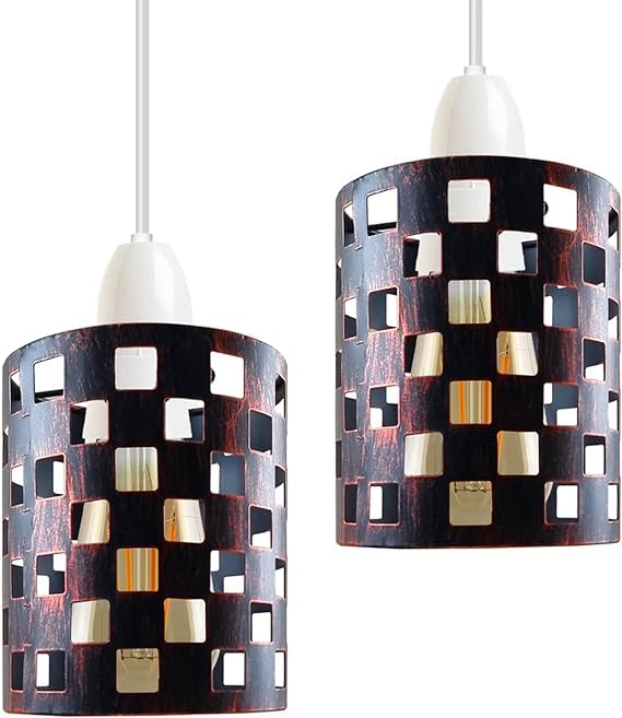 DC VOLTAGE 2 Pack of Modern Rustic Red Metal Drum Cage Lampshade – Industrial Geometric Pendant Light Shade with Square Cutouts for Hanging Ceiling Lights (Rustic Red S1) — image 1