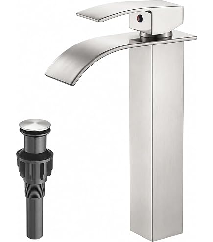 Brushed Nickel Vessel Sink Faucet – Tall Deck Mount Bathroom Faucet, Single Handle, Stainless Steel, Round Design, Model B095LPHTKN-741826