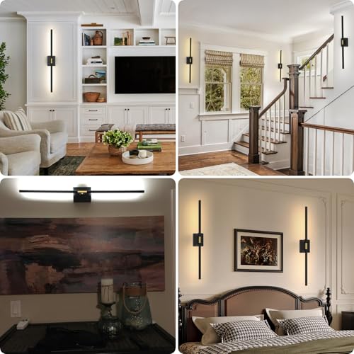 iThird Battery Operated Wall Sconces Set of 2: 10000mAh Rechargeable Wall Lights with Remote Control, 360° Rotate Wireless Wall Scone Decor for TV/Mirror Bedroom Living Room, 31.5 Inch, Black