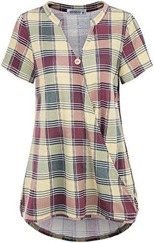 MOQIVGI Women Short Sleeve Notch V Neck Surplice Wrap Tunic Tops Plaid Blouse Shirt