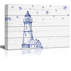 Canvas Wll Art - Lighthouse on Vintage Wooden Feeling Background - Giclee Print and Stretched Gallery Wrap | Modern Home Art Ready to Hang - 12"x18"