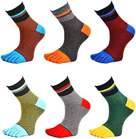 6-Pack Men Toe Socks Five Finger Cotton Moisture Wicking Striped Dress Business