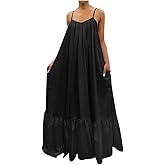 Womens Sexy Spaghetti Strap Sleeveless Ruched Ruffle Hem Bandage Oversized Summer Beach Loose Long Maxi Swing Dress