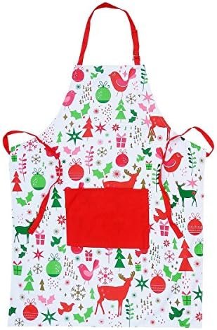 Chistmas Holiday Kitchen Apron with Pockets and Extra Long Ties, Women &amp; Men Chef's Apron for Cooking, Baking, Crafting, BBQ, 100% Cotton-(Red &amp; White)