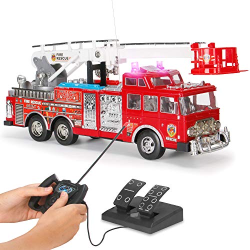 20-Inch Jumbo RC Rescue Fire Engine Truck Remote Control Toy with Foot Pedal Control, Extending Ladder, Flashing Lights and Sounds