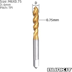 Burkit 2pcs M6 X 0.75 Spiral Flute Tap, HSS