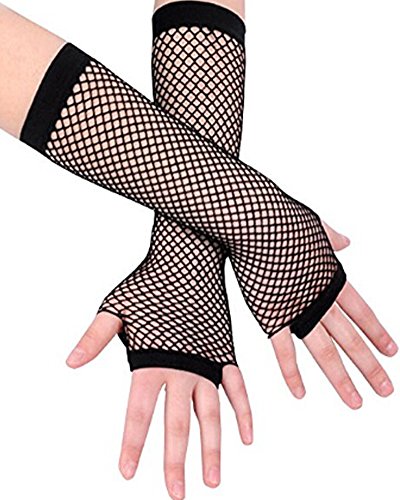 Sexy Fishnet Long Gloves for Women Lady Girls, Bridal Wedding Party Fingerless Gloves Nightclub Punk Satin Dress Gloves Mittens (Black)