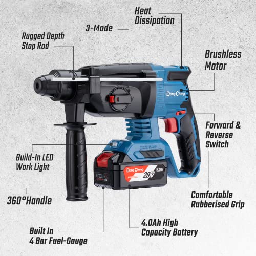 DongCheng 20V Max bürstenloser Bohrhammer Akku Schlagbohrmaschine Schlagenergie 2,7 J mit 4 SDS Plus Wechselfutter, 4 Ah Batterie und 2 A Ladegerät DCZC04-24 (EA-03)
