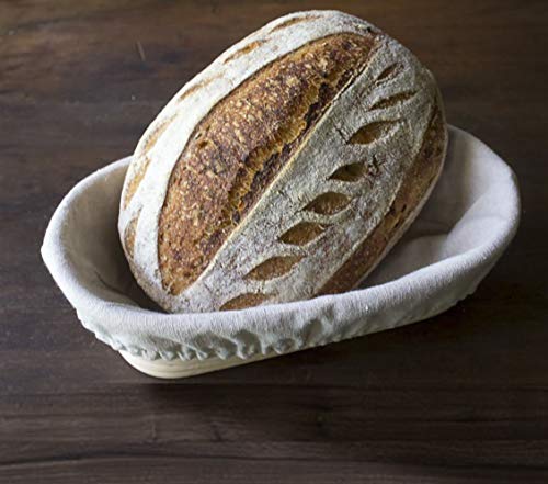 10 inch Oval Banneton Proofing Basket - Made Terra Natural Rattan Cane Brotform Set with Bamboo Dough Scraper & Cloth Liner | Food-Safe Bread Bowls by Artisan Families | Best Baking Gift Set