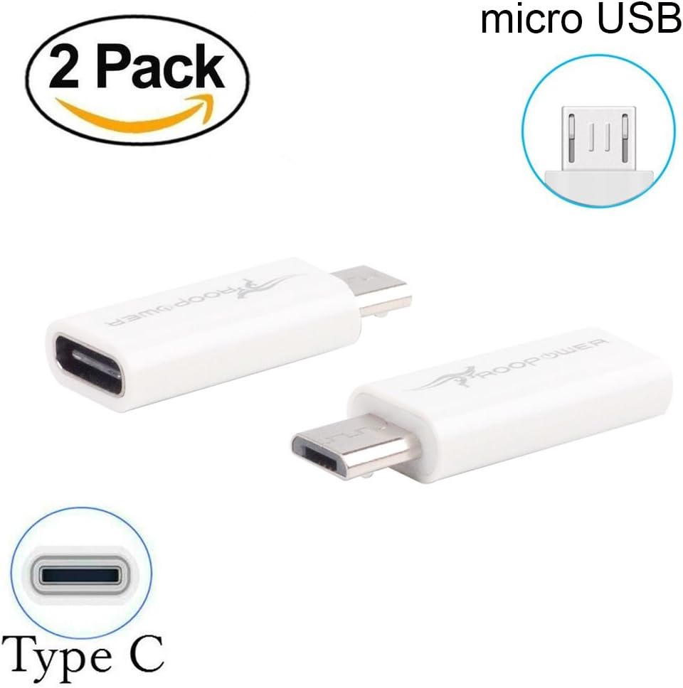 Type C to Micro USB Adapter 2-Pack, Roopower Type C Female to Micro USB Male Adapter Charge Sync Connector Connect Type C Device to Micro USB Device - White (USB-C to Micro USB White 2-Pack)