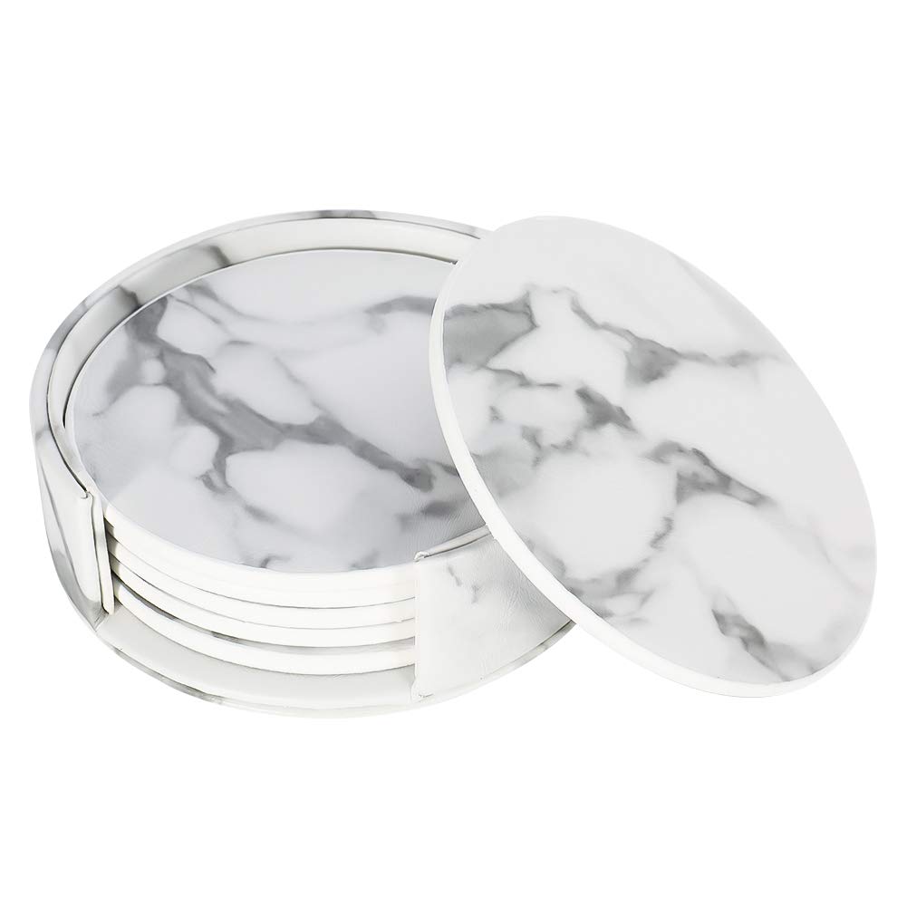 lovingmona Marble Coasters Set of 6 Coasters with Holder for Drink Marble Placemats White Cup Mats Suitable for Kinds of Cups PU Leather Heat Resistant Tables Home Decor Round