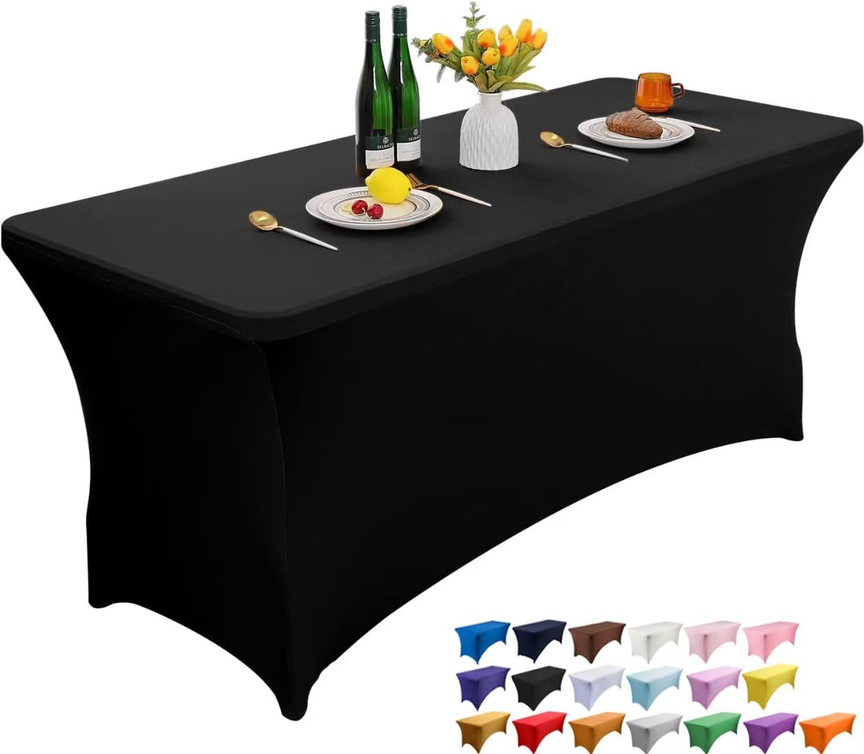 Wolfway 8FT Black Stretch Spandex Table Cover Washable and Wrinkle Resistant Kitchen Spandex Tablecloth Fitted Rectangular Table for Party,Banquet,Weddings,Cocktail and Festival