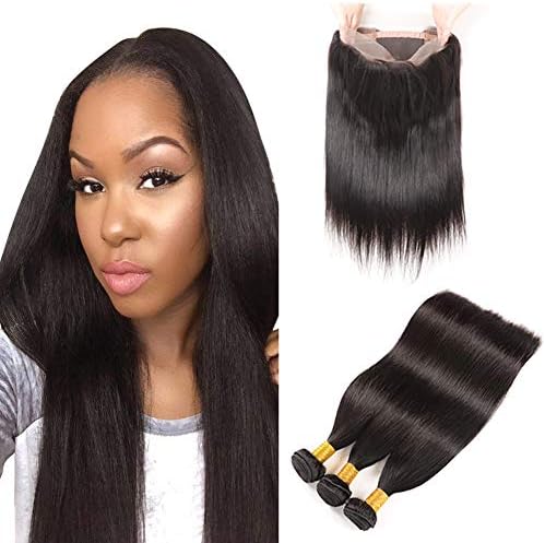 Huarisi 360 Frontal with Bundles 20 22 24 Straight Brazilian Virgin Hair Weave and 18 Inch 9a Grade Straight Human Hair 360 Lace Closure with Baby Hair Natural Hairline