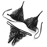 HuaYang Women's Lace Lingerie Stripper Thongs T-back + Bra(Black)