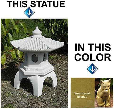 Cement PAGODA Lantern 16"H, 3-piece GREEN-BROWN Stain CONCRETE Outdoor Garden Statue