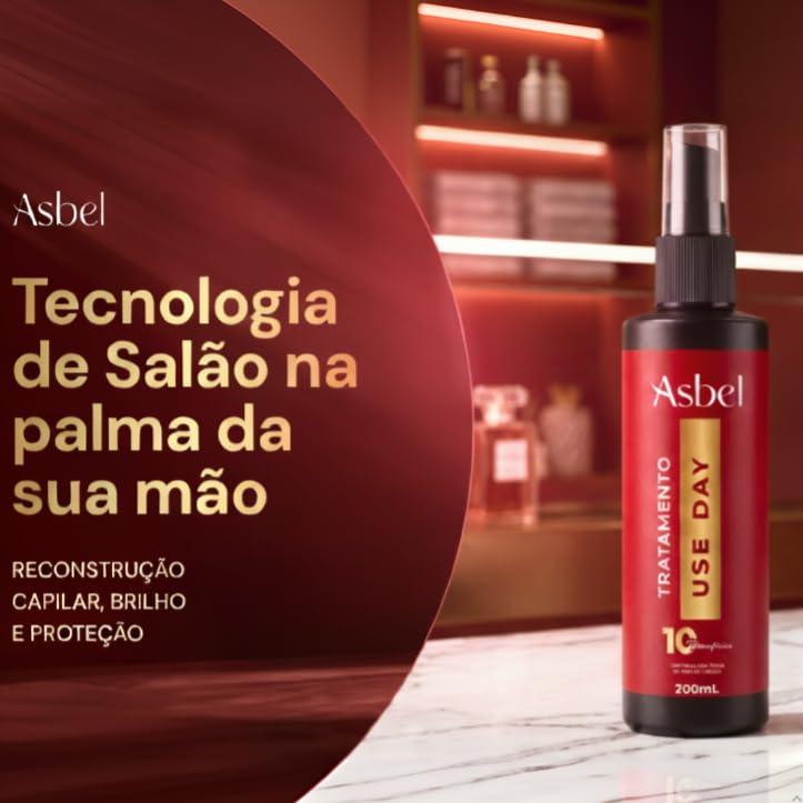 Spray Tratamento Capilar Asbel Uso Day 10 Benefícios 200ml – Protetor Térmico, Brilho e Selamento de Cutículas – Com Óleo de Coco e Vinagre de Maçã