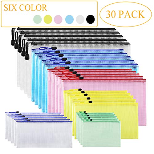 Mesh Zipper Pouch Waterproof Double Plastic Document Organizer Bag Zip File Folders for Office School Supplies,Business Receipts, Magazine, Toys, Cosmetics,Travel Accessories 6 Sizes,30 Pcs