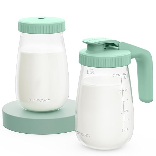 MOMCOZY GLASS BREAST MILK PITCHER, MILK STORAGE CONTAINER WITH FLAT LID & HANDLE LID, WIDE MOUTH LEAK-RESISTANT, BABY FORMULA PITCHER, HEAT & COLD RESISTANT, 2 PCS, 32OZ EACH (64OZ TOTAL)