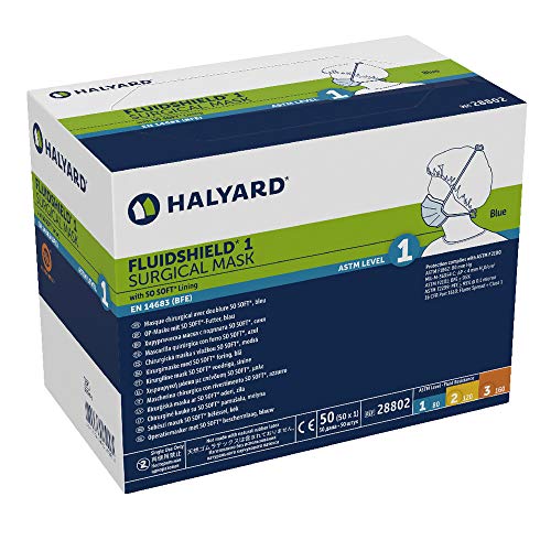 Halyard Health 28802 FLUIDSHIELD Level 1 Surgical Mask with Ties, Pleat Style, Blue (Case of 300)
