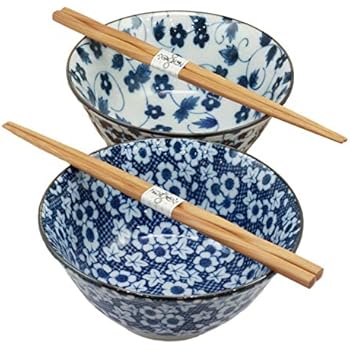 Ebros Japanese Asian Vintage Design Floral Autumn Blue And White Porcelain Bowl Set of 2 With Wooden Chopsticks Kitchen And Dining Dishwasher Safe Perfect For Udon Ramen Pho Wonton Soup Made In Japan