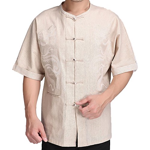 FangNer Men's Linen Short-sleeved Round Neck Shirt Tang Suit