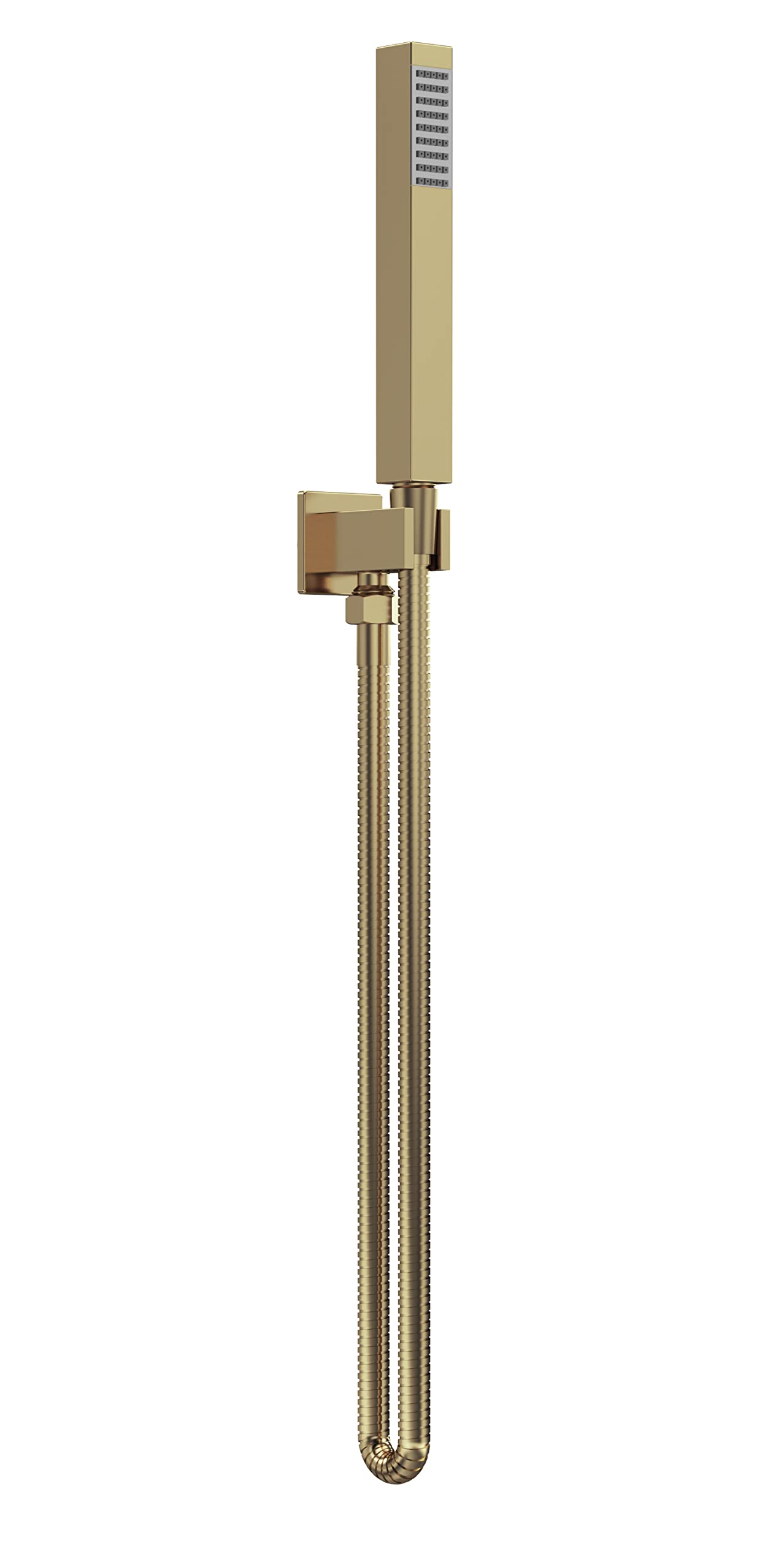 nuie A8264 Shower Accessories Modern Bathroom Square Outlet Elbow with Wall Mount Parking Bracket, Flex Hose and Single Function Handset, 1256mm, Brushed Brass