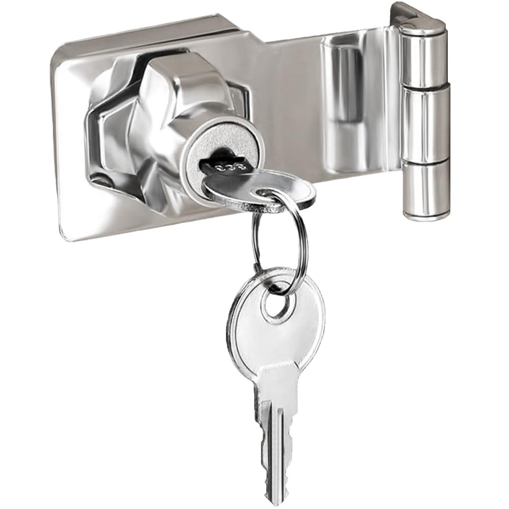 ZiYuya Hasp Lock with Keys, Padlock Shed Lock Gate Latch Door Bolt Lock Hasps Drawer Cupboard Twist Knob Locking Hasp Keyed Locking Closet Latch Bolt Door Lock (Silver Right Angle - 3 Inch)