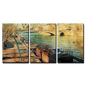 3 Piece Canvas Wall Art - Old-Fashioned Paris France - with Space for Text or Image - Modern Home Art Stretched and Framed Ready to Hang - 16"x24"x3 Panels