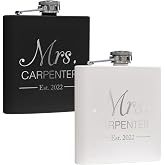 Customizable 6 oz Mr and Mrs Flask Set | Black and White or Pink with Silver Engraving | Weddings, Gifts, Celebrations, Anniversaries (Black and White)