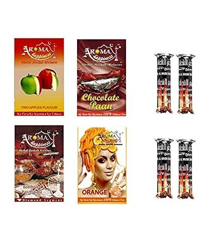 Alshan Aroma Happiness Herbal Hookah Flavour Combo of 4 Pack Plus 4 Rolls of Charcoal