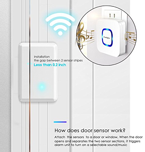 Coolqiya Door Sensor Alarm Wireless Busniess Entry Alert System for Home Security, Operating Range 400FT With 52 Chimes 4 Volume Levels, 1 Door Sensor + 1 Plugin Receiver