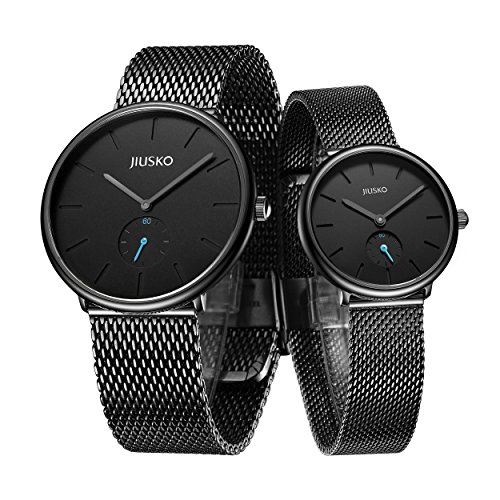 Jiusko Sapphire - Couple Men Women Quartz Wrist Watches - Steel Mesh - 393 (His Her, Black)