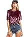 Romwe Women's Velvet Raw Edge O Neck Short Sleeve Casual T Shirt Top Burgundy L