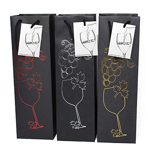 6 Pack Premium Black Wine Gift Bags with Gift Tag and Handles - Grape Wines Design – Wine Bottle Carrier for Weddings, Anniversary, Birthdays, Special occasions, H: 39 cm x W: 12 cm x D: 9 cm