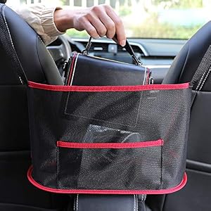 [Upgraded] Car Net Pocket Handbag Holder, Car Backseat Mesh Organizer, Barrier of Backseat Dog Kids, Driver Storage…