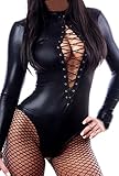 ZKESS Women's Long Sleeve Club Bodysuit Leather Lingerie